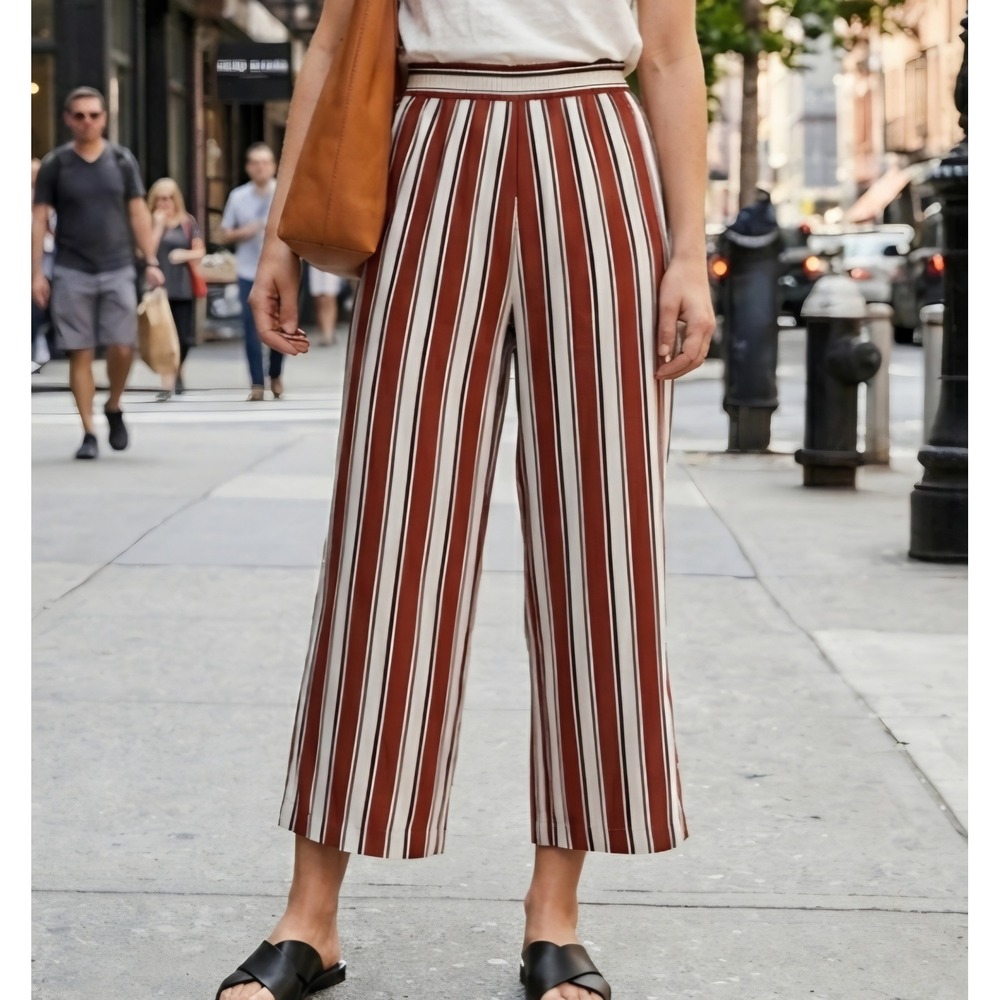 H&M Rust Orange Striped Wide Leg Cropped Pants High Waist Pockets Boho Summer 4